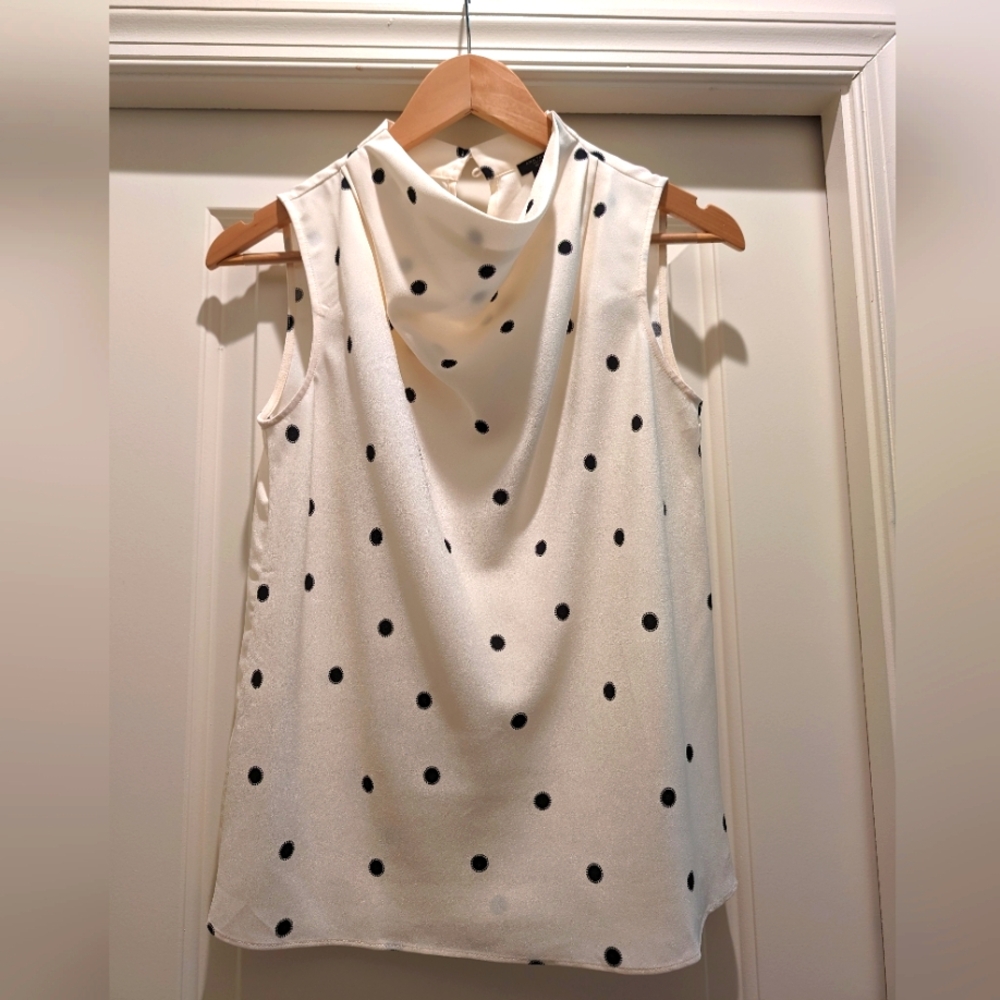 Ann Taylor cream and black polka dot cowl neck sleeveless top SP